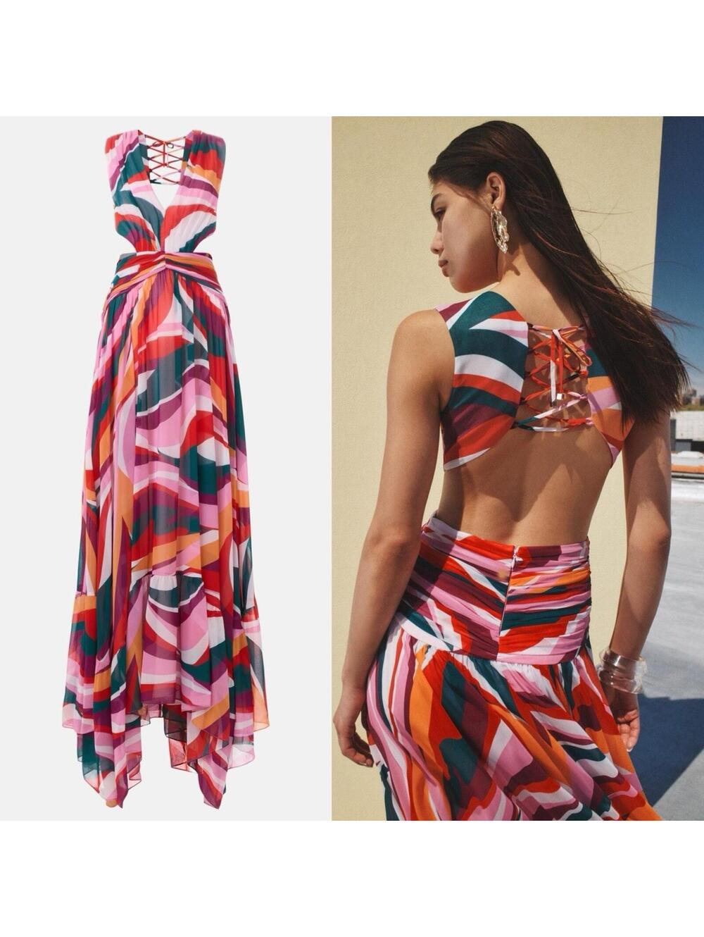 PatBO Delos Pink Tropical Print Plunge Maxi Dress Tie Back Resort Gown Size 10